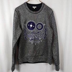Kenzo Paris Glitter Metallic Silver Purple Sweatshirt Embroidered Gears Sz Large